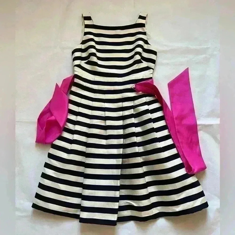 Eliza‎ J Fit & Flare Pleated Navy Cream Striped Dress Belted Pink Bow Sash 6 - Picture 2 of 7